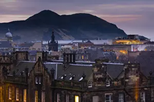 Edinburgh Illuminated Book Prints: Scotland, Edinburgh, Old Town. View overlooking the Old Town towards the extinct volacano known as Arthur s