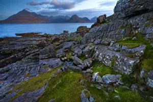 Scene Prints: Scotland, Isle Of Skye, Elgol. Looking across the rocky shoreline north of Elgol towards the peaks of